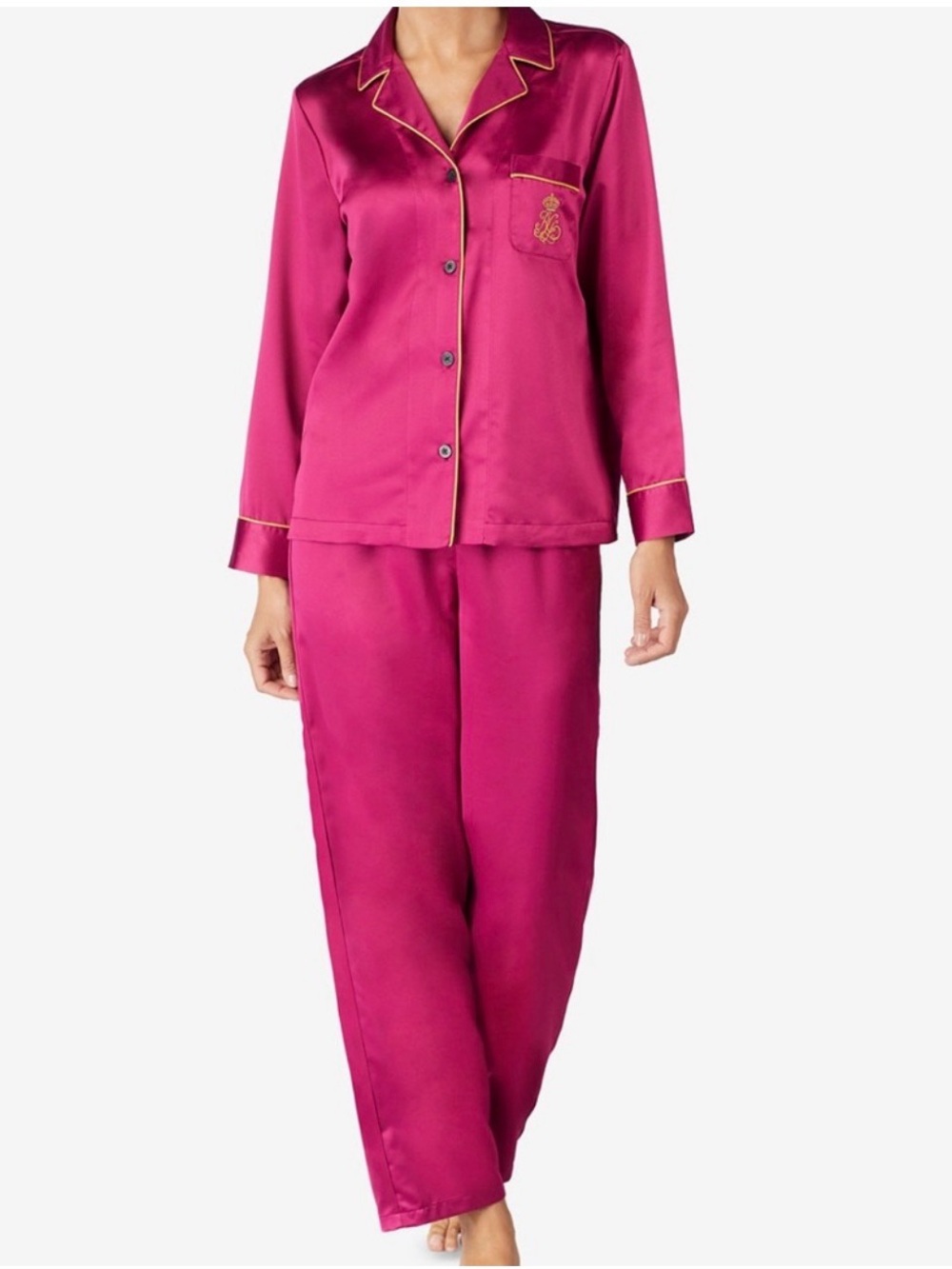 LRL Lauren Ralph Lauren Fuchsia Pink Gold Trim Satin Polyester Pajama Set Sz XL